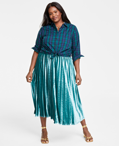 On 34th Plus Size Cotton Plaid Button-front Shirt, Created For Macy's In Dark Forest Combo