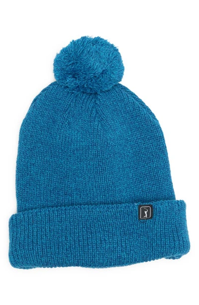 Pga Tour Pompom Ribbed Beanie In Blue Grouper Heather