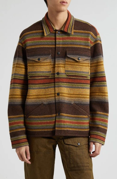 Double Rl Stripe Wool Overshirt In Brown Stripe Multi