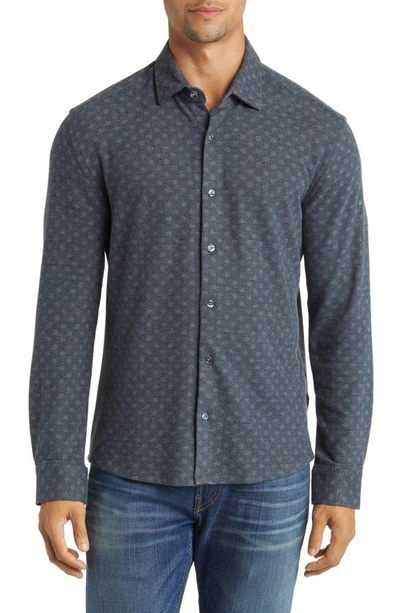 Stone Rose Geo Print Wrinkle Resistant Tech Fleece Button-up Shirt In Navy