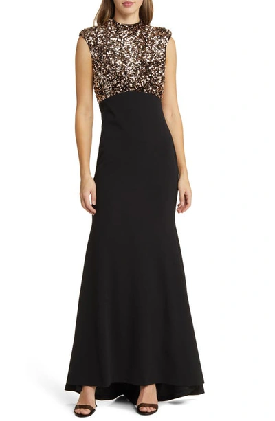 Vince Camuto Sequin Cap Sleeve Trumpet Gown In Black/ Copper