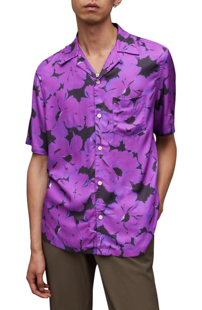Allsaints Kaza Relaxed Fit Floral Camp Shirt In Electric Purple