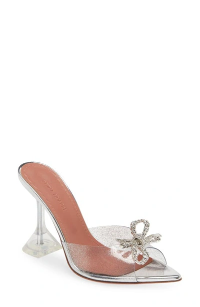 Amina Muaddi Rosie Glass Crystal Bow Slide Sandal In Silver Glitter