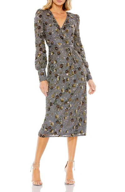 Mac Duggal Floral Sequin Long Sleeve Cocktail Dress In Charcoal