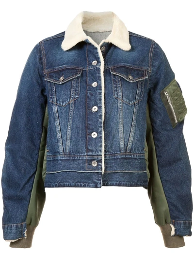 Sacai Button-front Nylon-back Faux-shearling Lined Denim Jacket In Blue