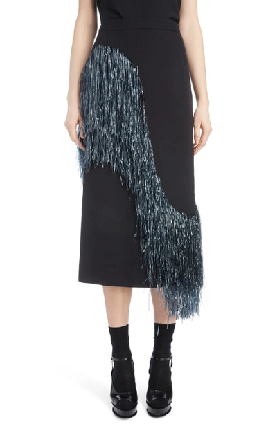 Dries Van Noten Wave-raffia Fringe Wool-blend Midi Pencil Skirt In Anthracite
