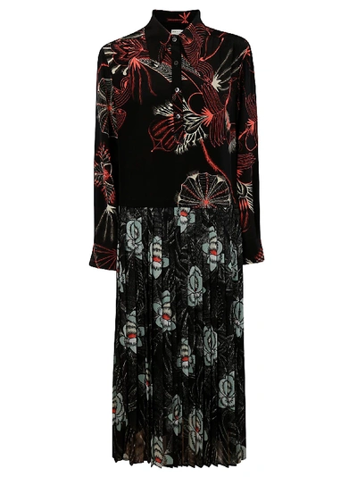 Dries Van Noten Decuman Long-sleeve Collared Mixed Floral-print Silk Midi Dress In Black