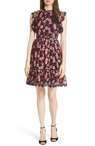 Kate Spade Floral Embroidered Dress W/ Scalloped Trim In Black Multi