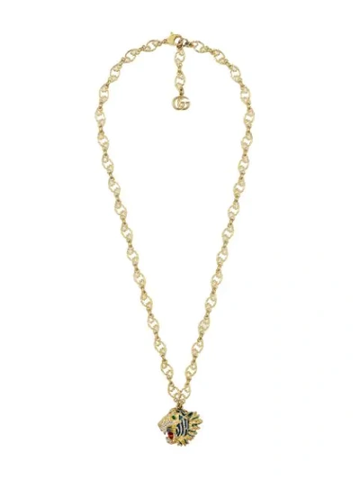 Gucci Crystal-embellished Tiger Head Necklace In Gold Finish
