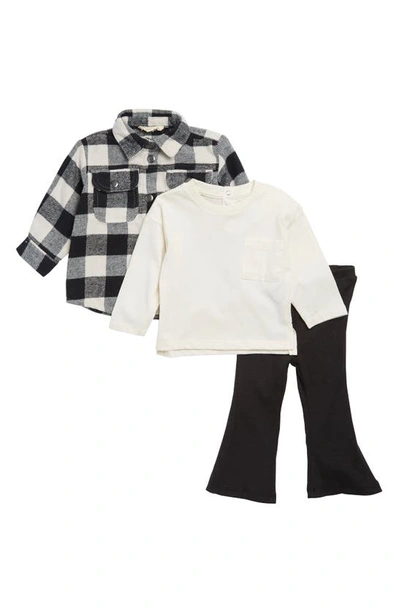 Jessica Simpson Babies'  Brushed Flannel Shacket, Long Sleeve Pocket Tee & Flare Leggings Set In Black