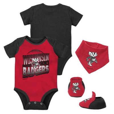 Mitchell & Ness Baby Boys And Girls  Black, Red Wisconsin Badgers 3-pack Bodysuit, Bib And Bootie Set In Black,red