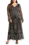 Pisarro Nights Embellished Sheer Long Sleeve Gown In Black/ Silver