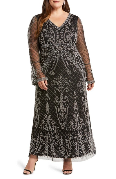 Pisarro Nights Embellished Sheer Long Sleeve Gown In Black/ Silver