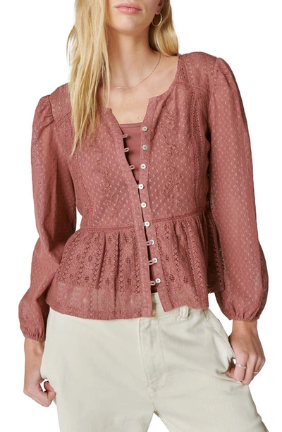 Lucky Brand Front Button Lace Peplum Top In Rose Brown
