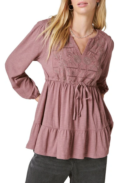 Lucky Brand Embroidered Long Sleeve Top In Roan Rouge
