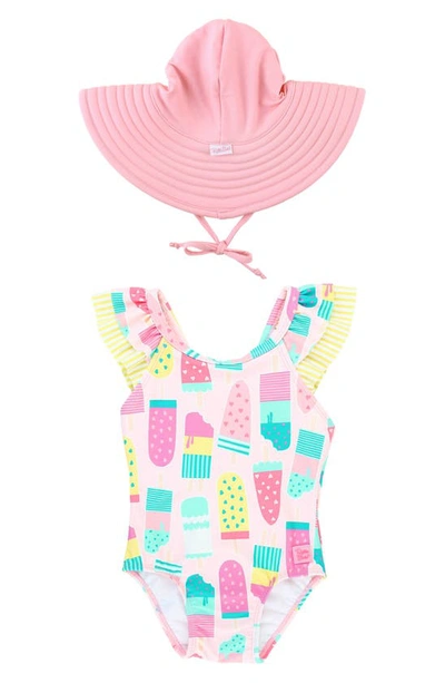 Rufflebutts Babies' Ruffle One-piece Swimsuit & Hat Set In Pink Popsicles