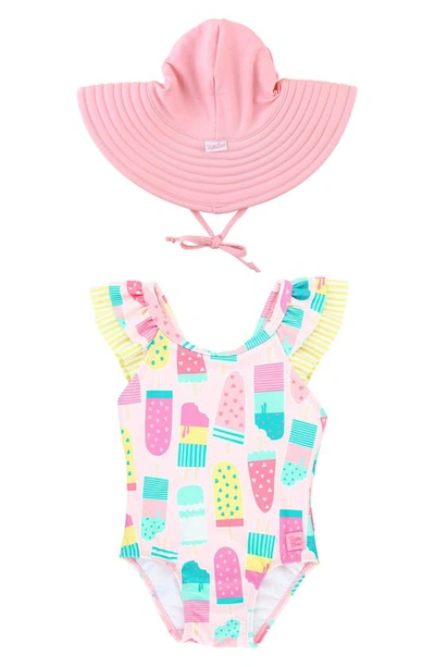 Rufflebutts Babies'  Ruffle One-piece Swimsuit & Hat Set In Pink Popsicles