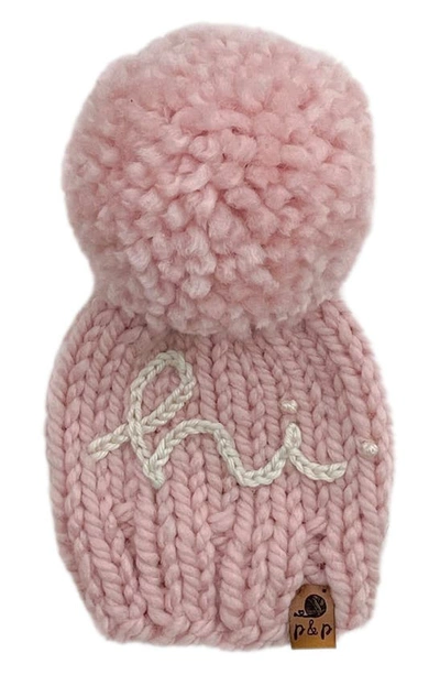Pine + Poppy Babies' Hi Embroidered Pompom Hat In Light Pink