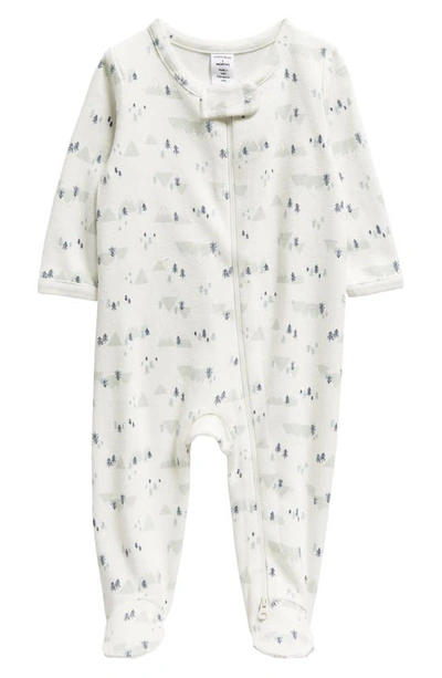 Nordstrom Babies' Print Zip Cotton Footie In Ivory Egret- Green Mountains