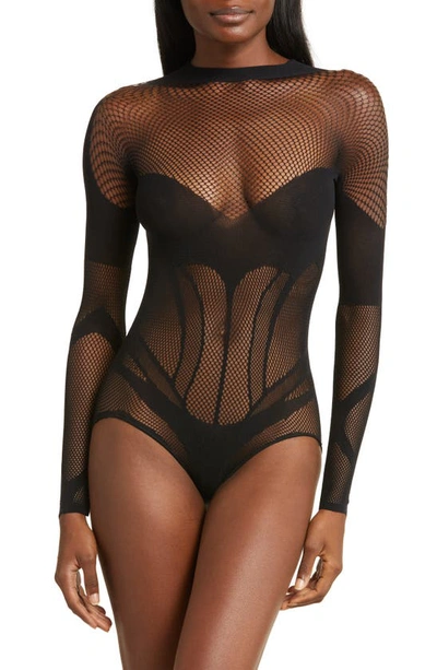 Hauty Mock Neck Long Sleeve Fishnet Teddy In Black