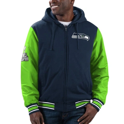 G-iii Sports By Carl Banks Men's  College Navy, Neon Green Seattle Seahawks Player Option Full-zip Ho In Navy,neon Green