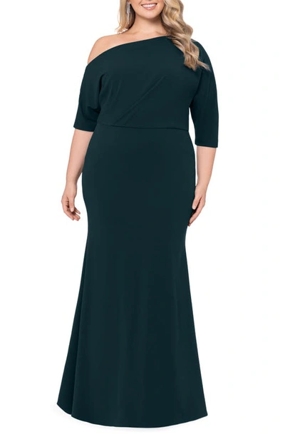 Betsy & Adam One-shoulder Scuba Crepe Gown In Pine
