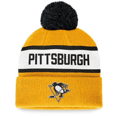 Fanatics Branded Gold Pittsburgh Penguins Fundamental Wordmark Cuffed Knit Hat With Pom