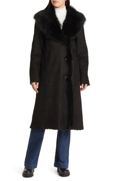Hiso Libra Longline Genuine Shearling Coat In Jet Suede