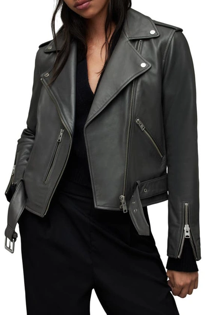 Allsaints Balfern Leather Moto Jacket In City Smoke Grey