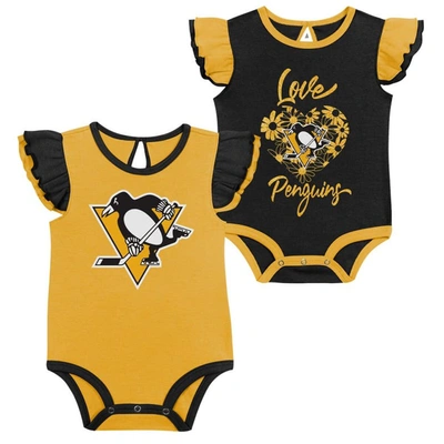 Outerstuff Babies' Girls Infant Black/gold Pittsburgh Penguins Two-pack Training Bodysuit Set