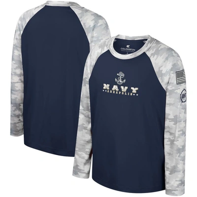 Colosseum Kids' Youth  Navy/camo Navy Midshipmen Oht Military Appreciation Dark Star Raglan Long Sleeve T-s In Navy,camo