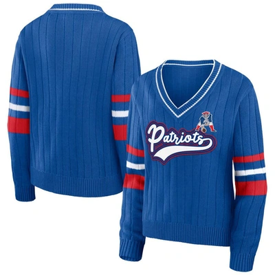 Wear By Erin Andrews Royal New England Patriots Throwback V-neck Sweater