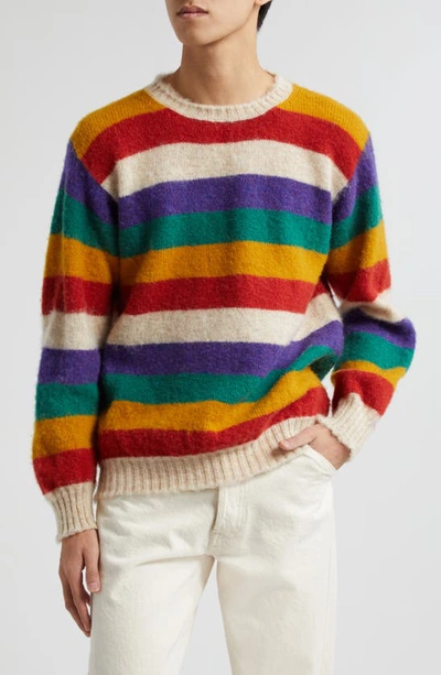 Drake's Stripe Brushed Wool Crewneck Sweater In Ivory Multi