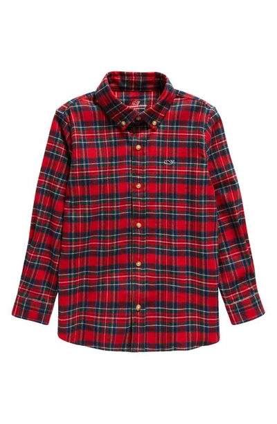 Vineyard Vines Kids' Check Stretch Cotton Flannel Button-down Shirt In Red Velvet