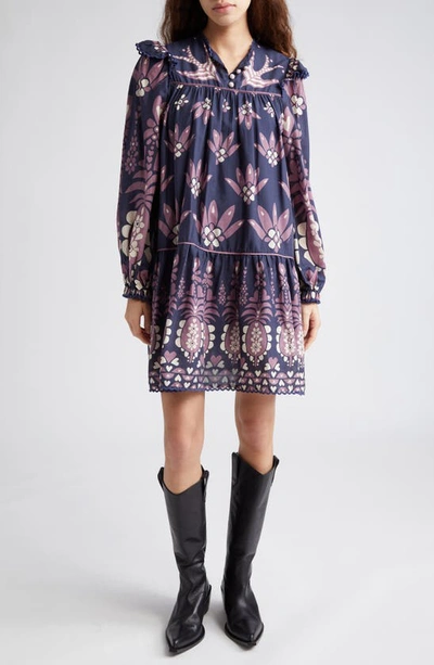 Farm Rio Ainika Martina Floral Long Sleeve Shift Dress In Dark Blue