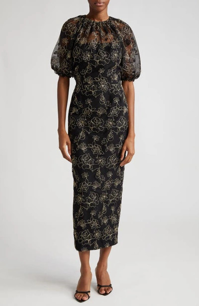 Lela Rose Naomi Floral Embroidery Sheath Dress In Black | ModeSens