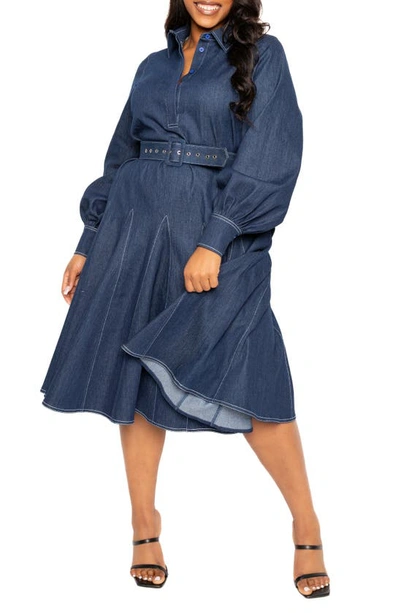 Buxom Couture Belted Long Sleeve Denim Shirtdress In Denim Blue