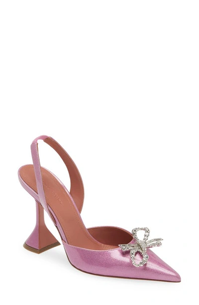 Amina Muaddi Rosie Crystal Bow Pointed Toe Slingback Pump In Pink Glitter