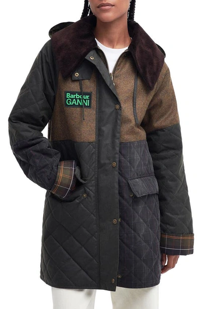 Barbour X Ganni Burghley Hooded Wool Contrast & Waxed Cotton Jacket In Brown