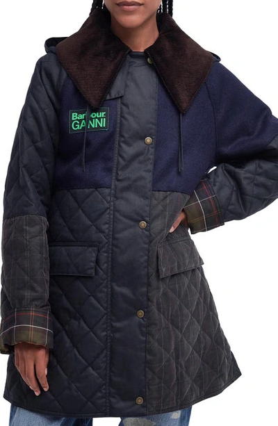 Barbour X Ganni Burghley Hooded Wool Contrast & Waxed Cotton Jacket In Navy/ Dull Classic/ Classic