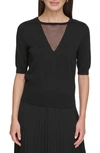 Dkny Sheer Mesh Illusion V-neck Sweater In Black