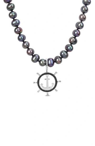 Delmar Cultured Freshwater Pearl Black Diamond Crown Pendant Necklace