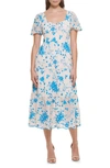 Kensie Floral Embroidered Puff Sleeve Chiffon Midi Dress In Ivory Blue