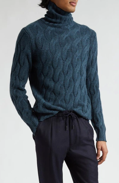 Thom Sweeney Chunky Cable Stitch Cashmere Turtleneck Sweater In Moss Blue