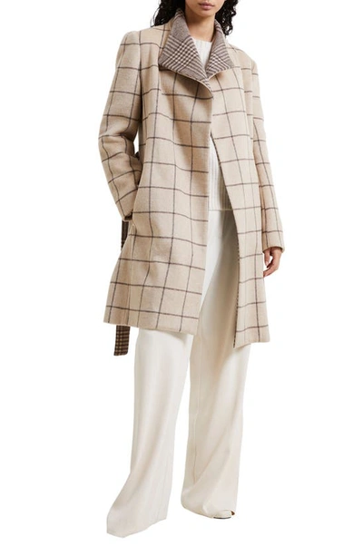 French Connection Fran Mixed Plaid Wrap Coat In Taupe Melange