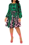 Buxom Couture Contrast Print Belted Long Sleeve Minidress In Green Print