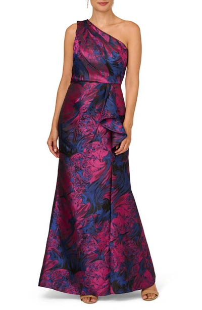 Adrianna Papell One-shoulder Jacquard Mermaid Gown In Navy Orchid