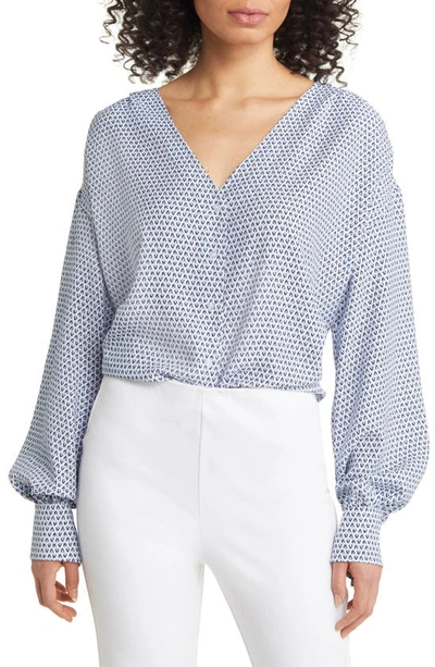 Nordstrom Print V-neck Blouse In White- Blue Robbia Leaf Geo