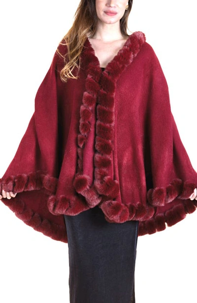 Saachi Faux Fur Trim Cape In Maroon