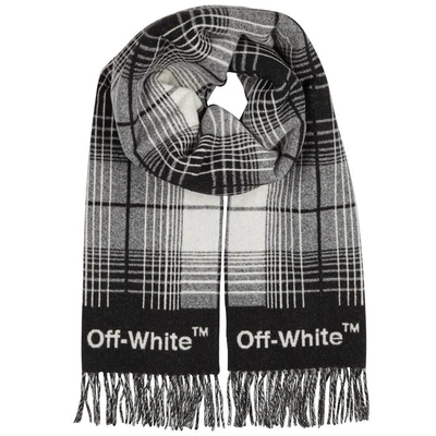 Off-white Fringed Checked Wool-blend Scarf In Black